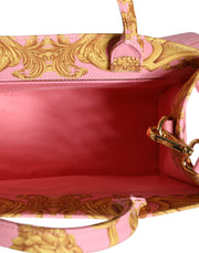 Pink Yellow Baroque Fabric Leather Shopping Tote Bag Versace