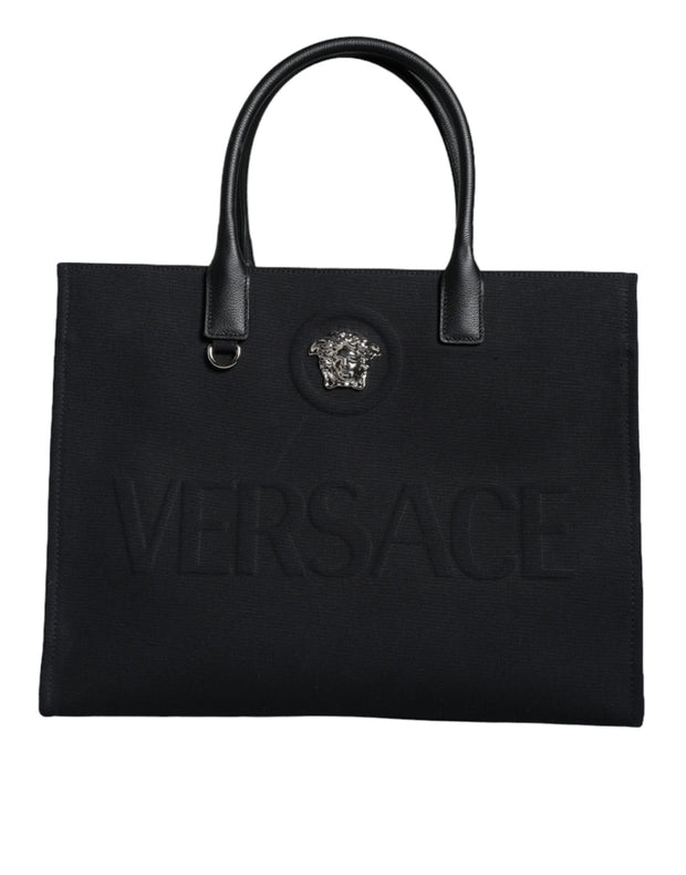 Black Top Handle Canvas Leather Logo Shopping Tote Bag Versace