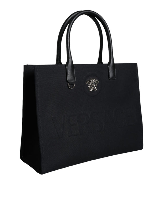 Black Top Handle Canvas Leather Logo Shopping Tote Bag Versace