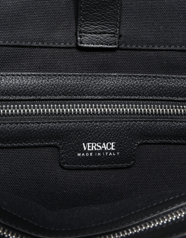 Black Top Handle Canvas Leather Logo Shopping Tote Bag Versace