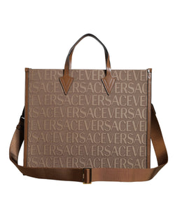 Brown Top Handle Jacquard Leather Logo Crossbody Tote Bag Versace