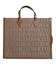 Brown Top Handle Jacquard Leather Logo Crossbody Tote Bag Versace