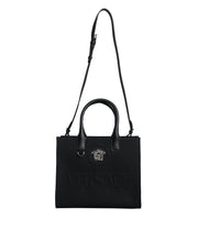 Black Top Handle Canvas Leather Logo Crossbody Tote Bag Versace