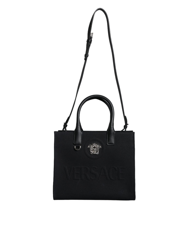 Black Top Handle Canvas Leather Logo Crossbody Tote Bag Versace