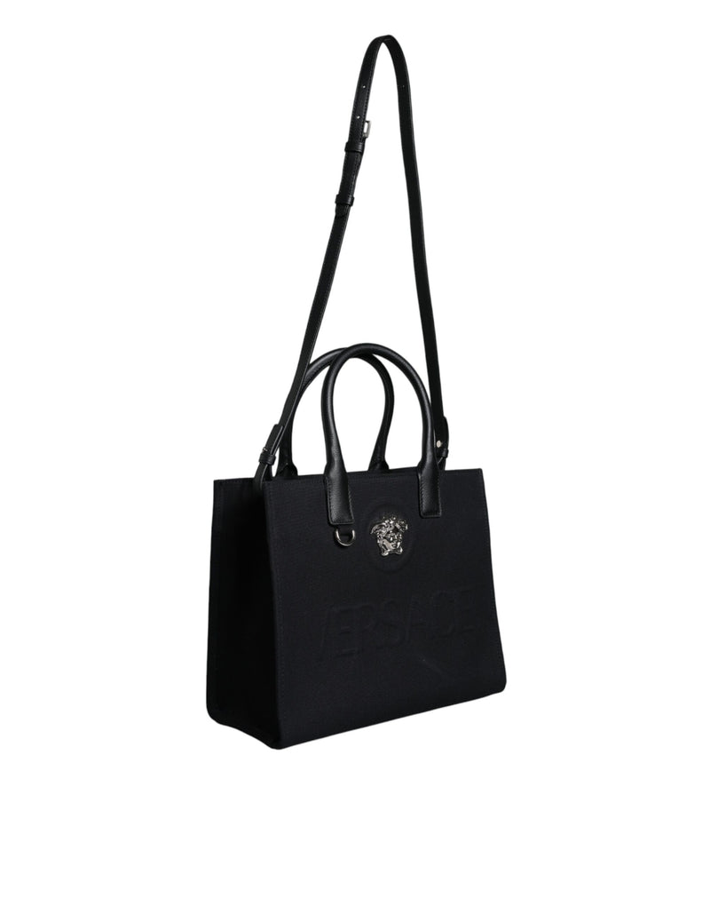 Black Top Handle Canvas Leather Logo Crossbody Tote Bag Versace