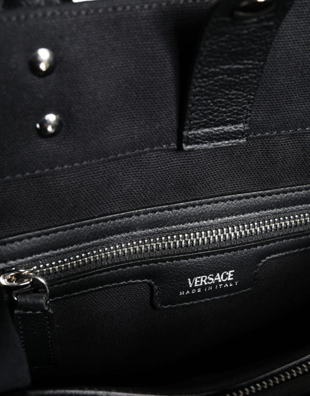 Black Top Handle Canvas Leather Logo Crossbody Tote Bag Versace