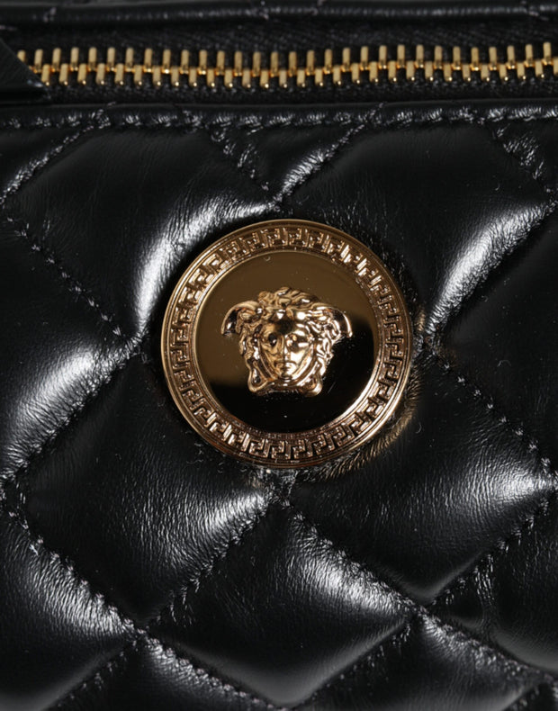 Black Mini Quilted Lambskin Leather Crossbody Sling Bag Versace