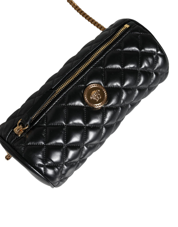 Black Mini Quilted Lambskin Leather Crossbody Sling Bag Versace