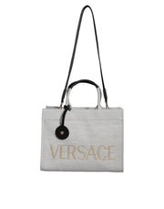 White Top Handle Canvas Leather Logo Crossbody Tote Bag Versace