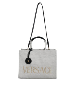 White Top Handle Canvas Leather Logo Crossbody Tote Bag Versace