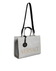 White Top Handle Canvas Leather Logo Crossbody Tote Bag Versace