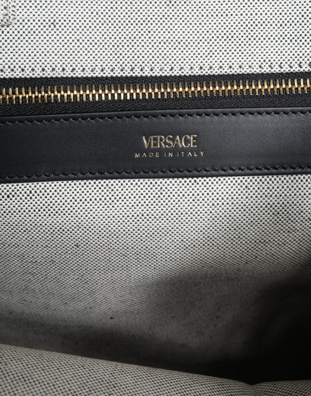 White Top Handle Canvas Leather Logo Crossbody Tote Bag Versace