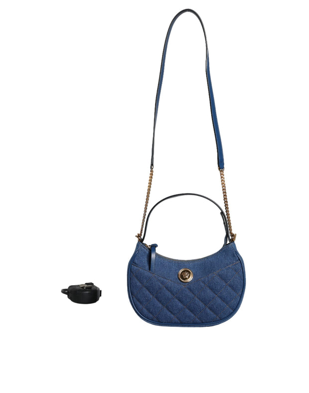 Blue Quilted Denim Leather Top Handle Shoulder Bag Versace