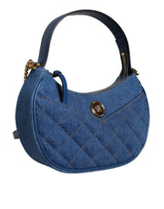 Blue Quilted Denim Leather Top Handle Shoulder Bag Versace