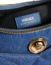 Blue Quilted Denim Leather Top Handle Shoulder Bag Versace