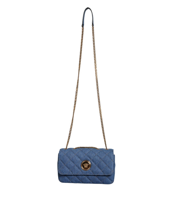 Blue Quilted Denim Leather Crossbody Shoulder Bag Versace