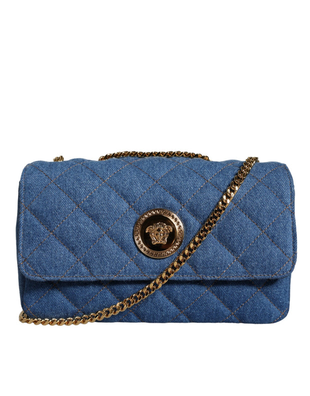 Blue Quilted Denim Leather Crossbody Shoulder Bag Versace