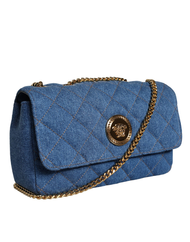 Blue Quilted Denim Leather Crossbody Shoulder Bag Versace