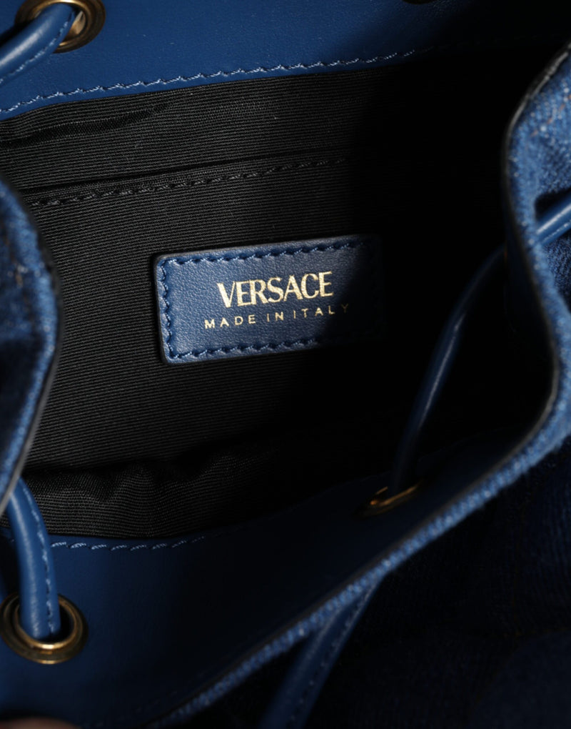 Blue Quilted Denim Leather Crossbody Shoulder Bag Versace