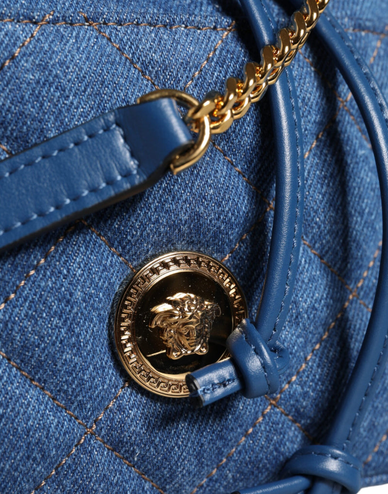 Blue Quilted Denim Leather Crossbody Shoulder Bag Versace