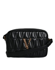 Black Quilted Lamb Leather Camera Case Shoulder Bag Versace