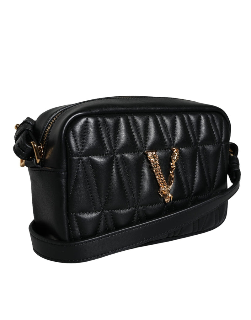 Black Quilted Lamb Leather Camera Case Shoulder Bag Versace