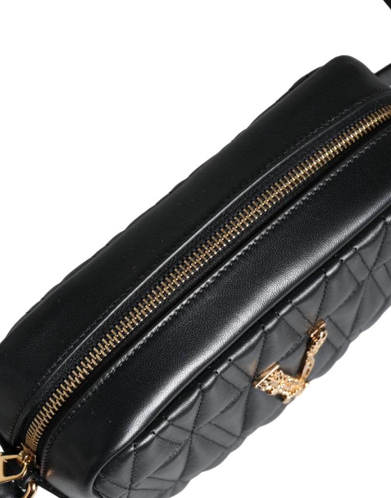 Black Quilted Lamb Leather Camera Case Shoulder Bag Versace