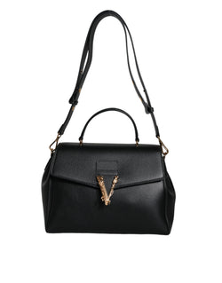 Black Top Handle Grainy Calfskin Leather Crossbody Bag Versace