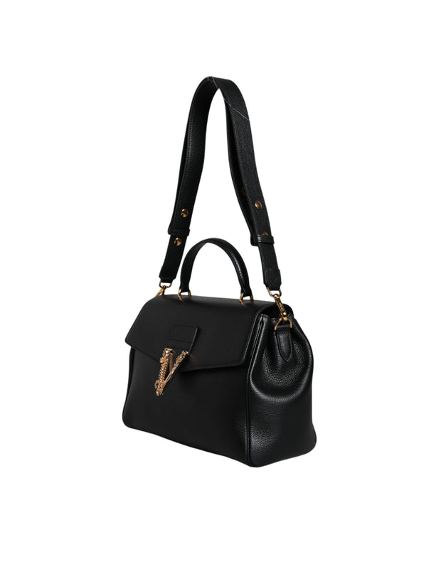 Black Top Handle Grainy Calfskin Leather Crossbody Bag Versace