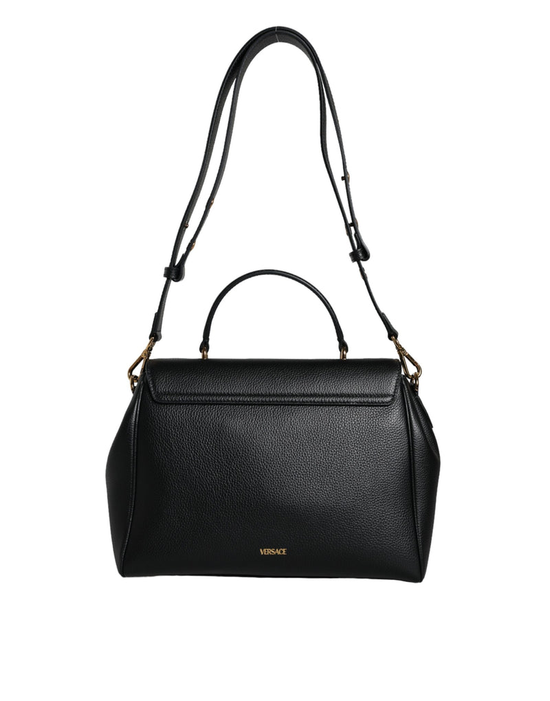 Black Top Handle Grainy Calfskin Leather Crossbody Bag Versace