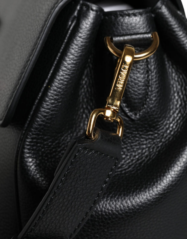 Black Top Handle Grainy Calfskin Leather Crossbody Bag Versace