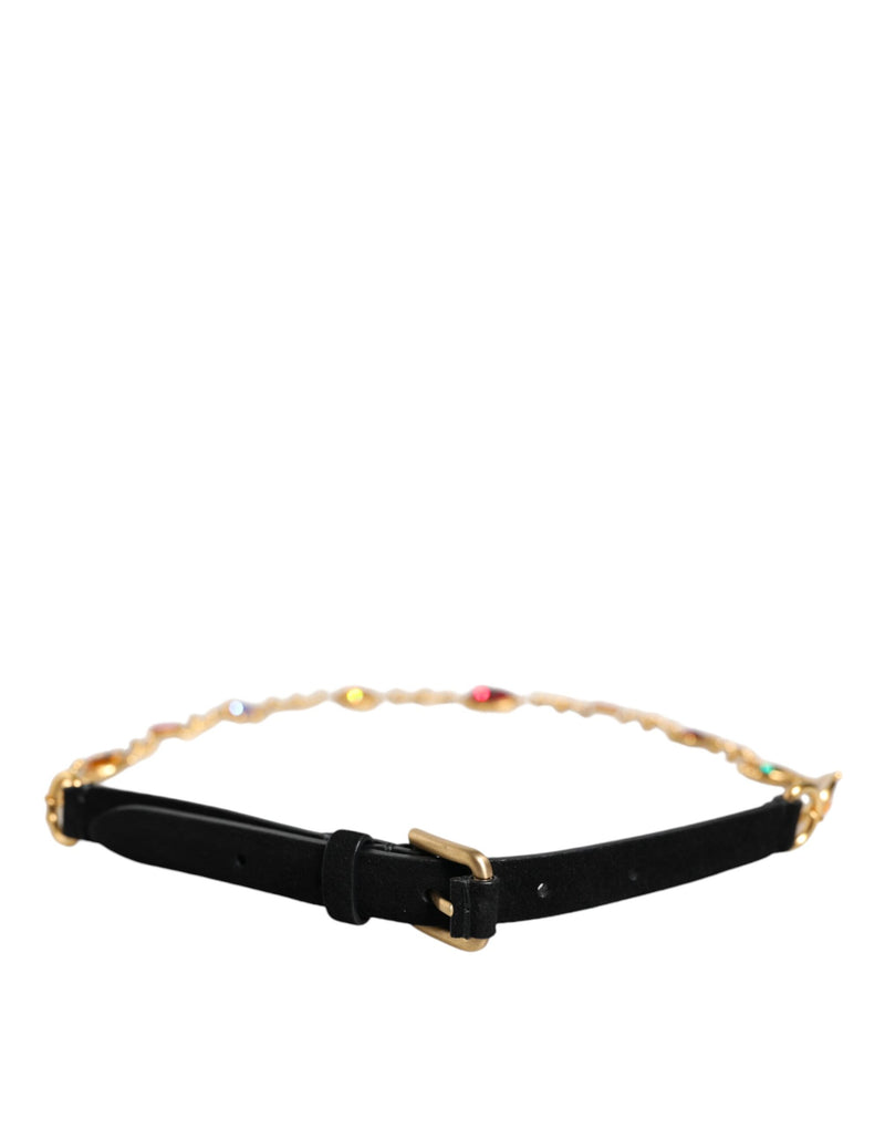 Black Leather Gold Brass Crystal Chain Waist Belt Dolce & Gabbana