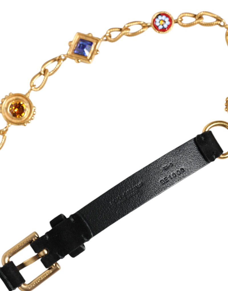 Black Leather Gold Brass Crystal Chain Waist Belt Dolce & Gabbana