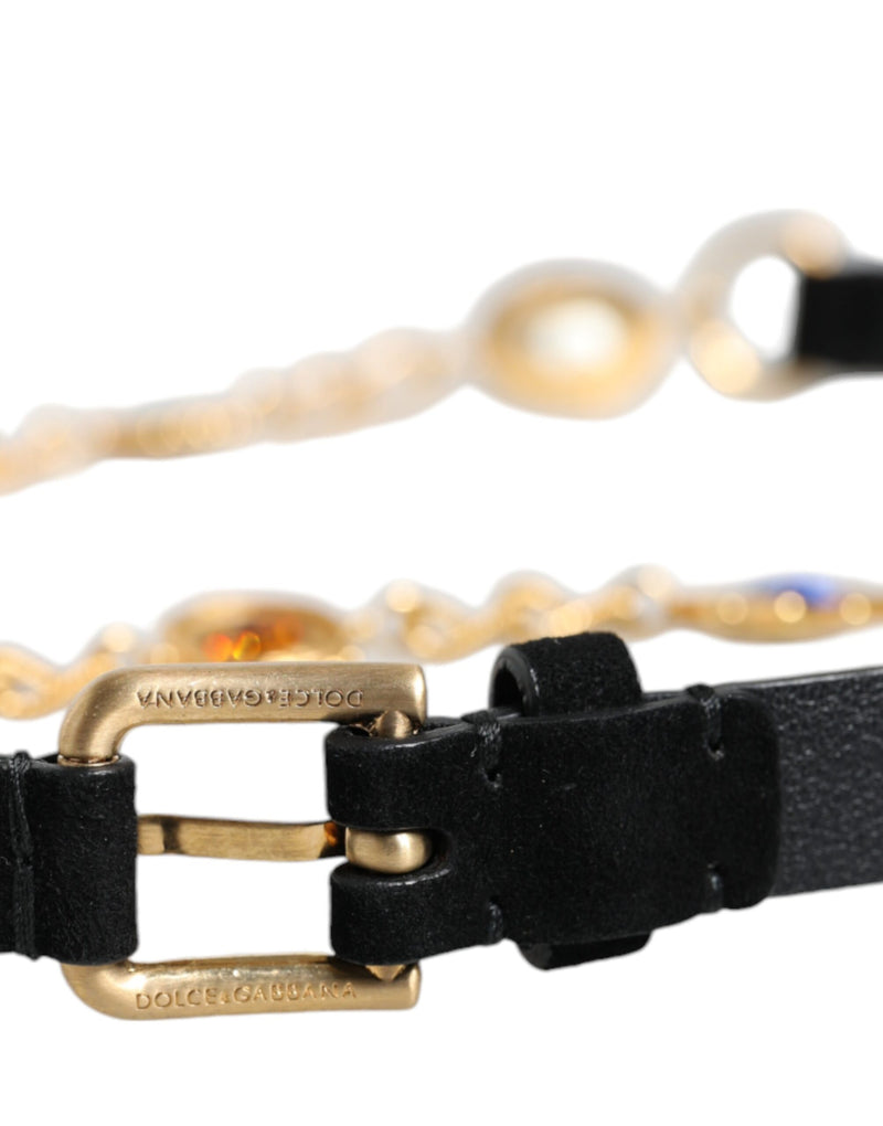 Black Leather Gold Brass Crystal Chain Waist Belt Dolce & Gabbana