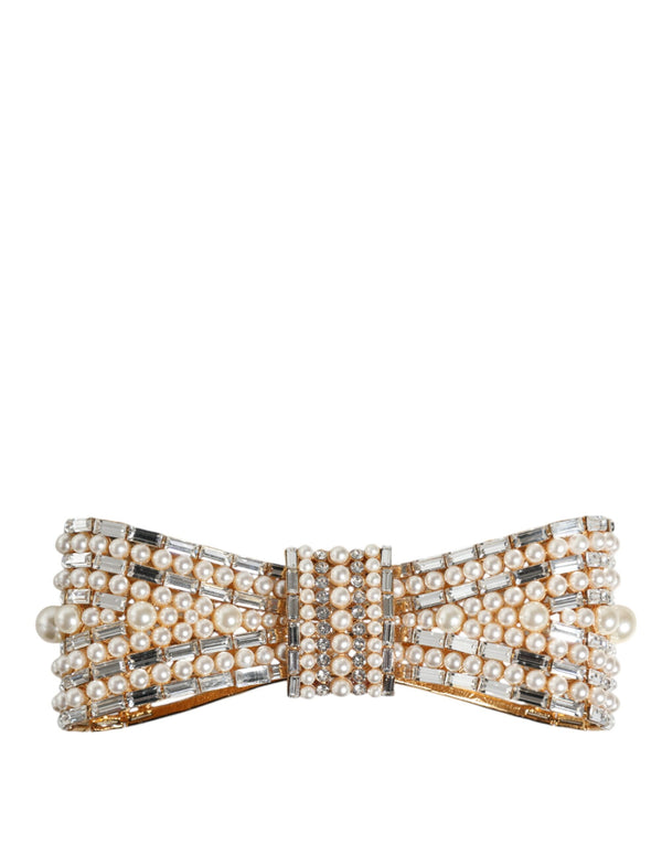 Gold Tone Brass Bow Crystal FauxPearl Embellished Brooch Dolce & Gabbana