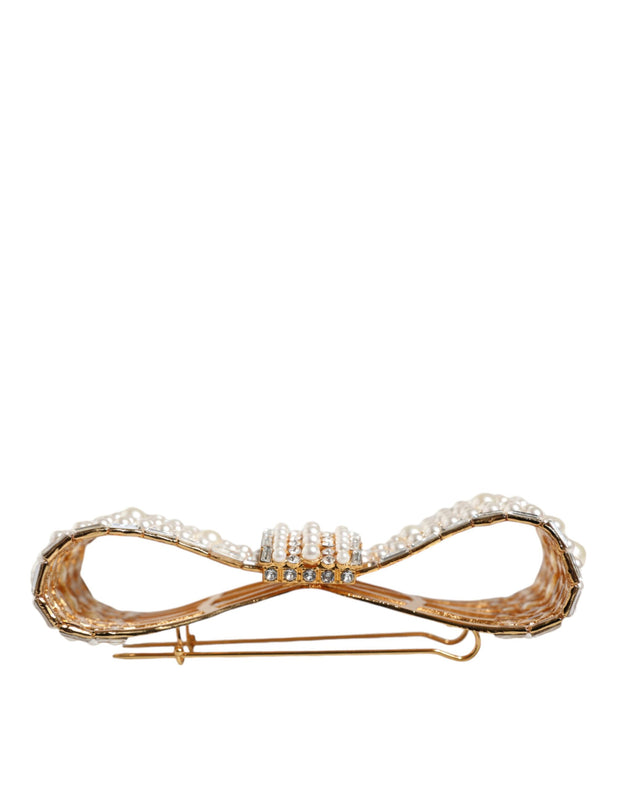 Gold Tone Brass Bow Crystal FauxPearl Embellished Brooch Dolce & Gabbana