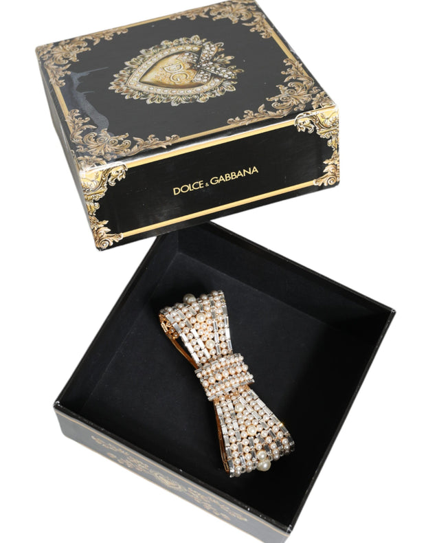 Gold Tone Brass Bow Crystal FauxPearl Embellished Brooch Dolce & Gabbana