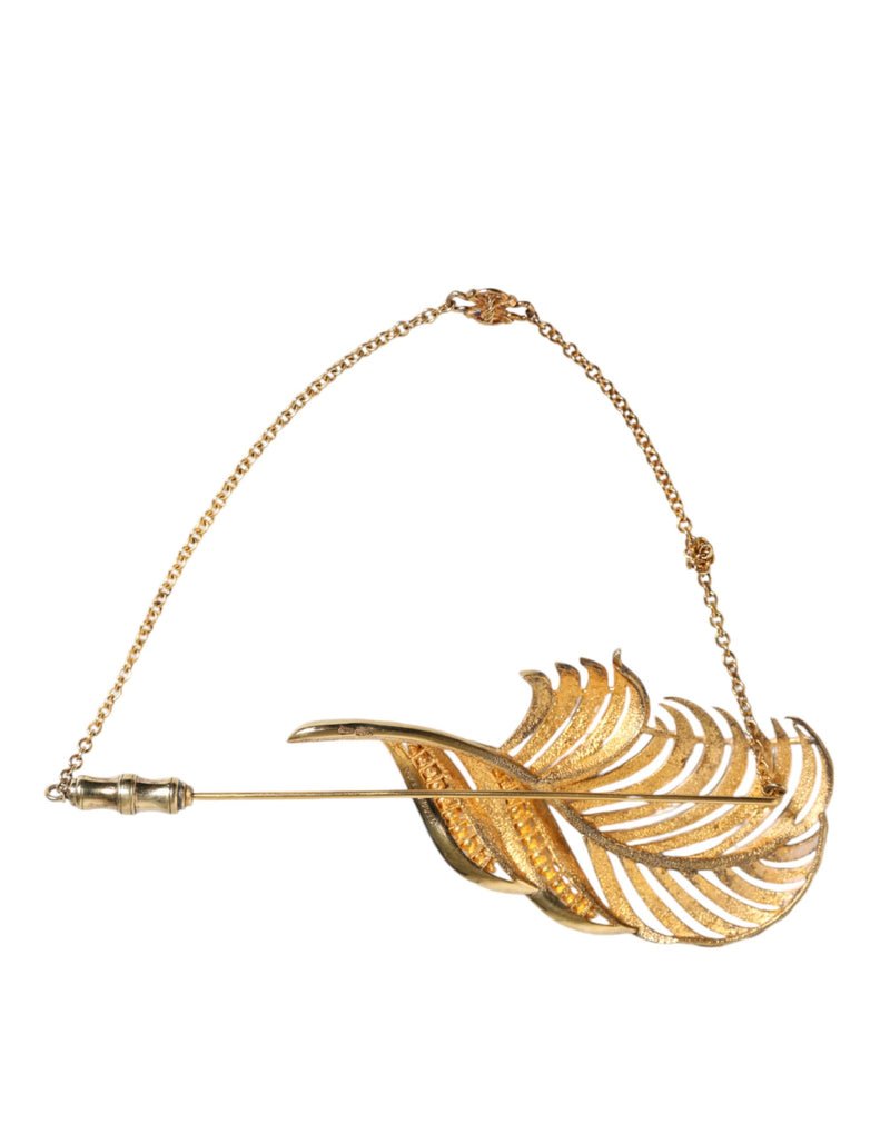 Gold Tone 925 Sterling Silver Leaf Crystal Chain Brooch Dolce & Gabbana