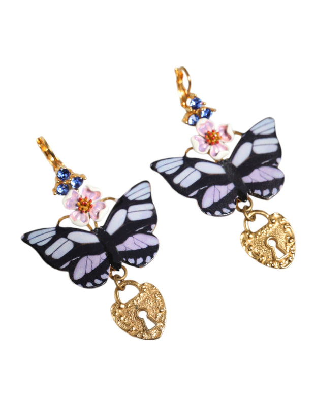 Gold Purple Crystal Butterfly Heart Locket Earrings Dolce & Gabbana