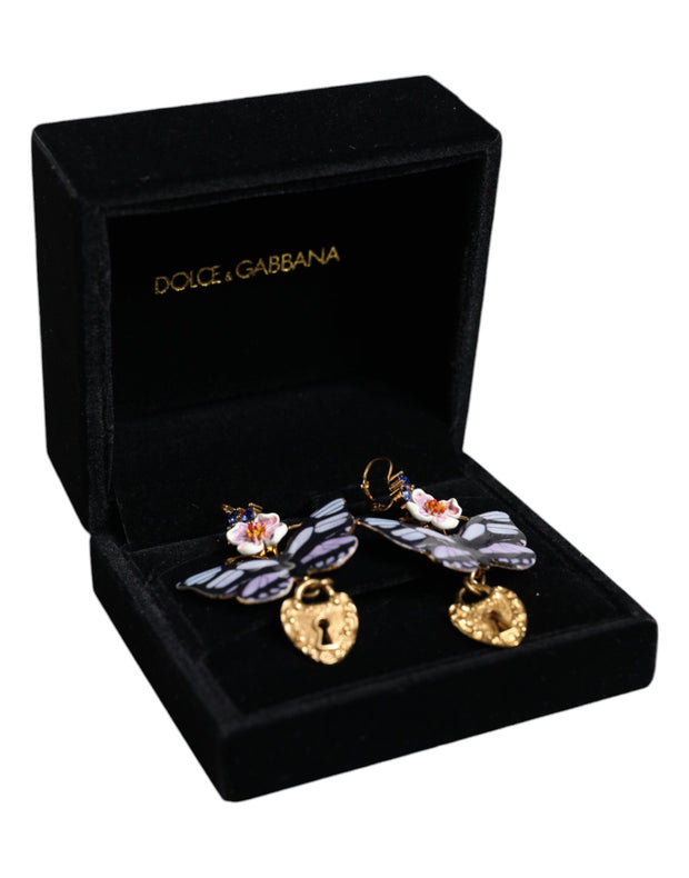 Gold Purple Crystal Butterfly Heart Locket Earrings Dolce & Gabbana