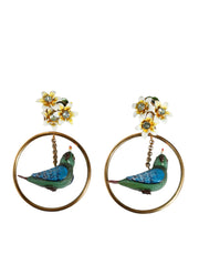 Gold Tone Brass Crystal Bird-in-Hoop Statement Earrings Dolce & Gabbana