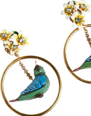 Gold Tone Brass Crystal Bird-in-Hoop Statement Earrings Dolce & Gabbana