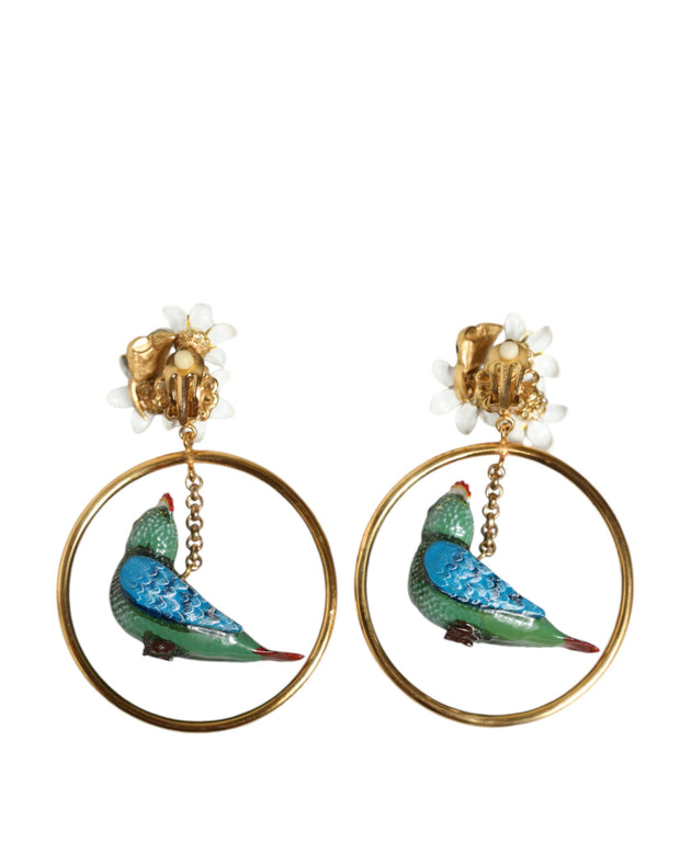 Gold Tone Brass Crystal Bird-in-Hoop Statement Earrings Dolce & Gabbana