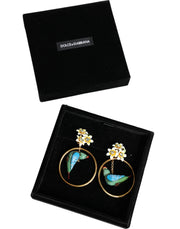 Gold Tone Brass Crystal Bird-in-Hoop Statement Earrings Dolce & Gabbana