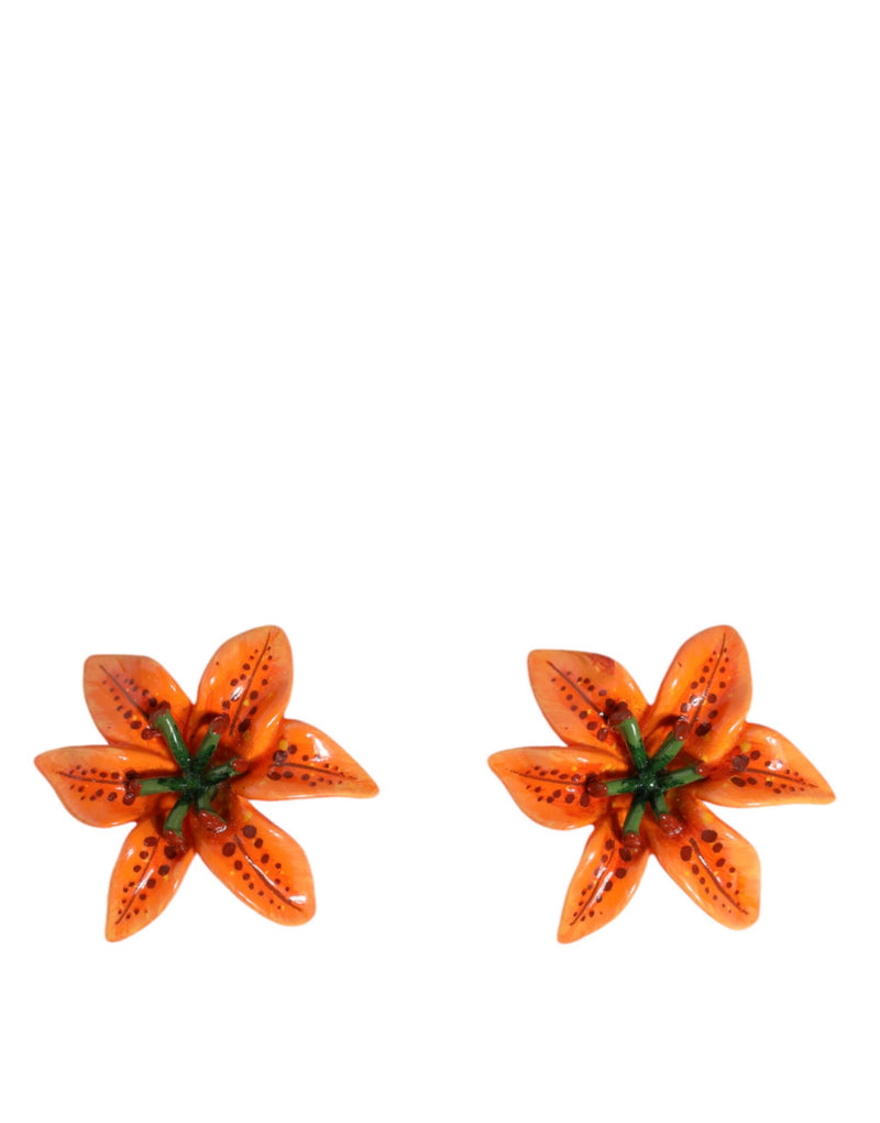 Orange Green Gold Brass Lily Flower Clip Floral Earrings Dolce & Gabbana