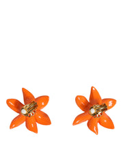 Orange Green Gold Brass Lily Flower Clip Floral Earrings Dolce & Gabbana