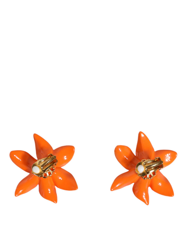 Orange Green Gold Brass Lily Flower Clip Floral Earrings Dolce & Gabbana