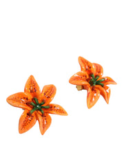 Orange Green Gold Brass Lily Flower Clip Floral Earrings Dolce & Gabbana