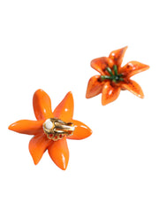 Orange Green Gold Brass Lily Flower Clip Floral Earrings Dolce & Gabbana