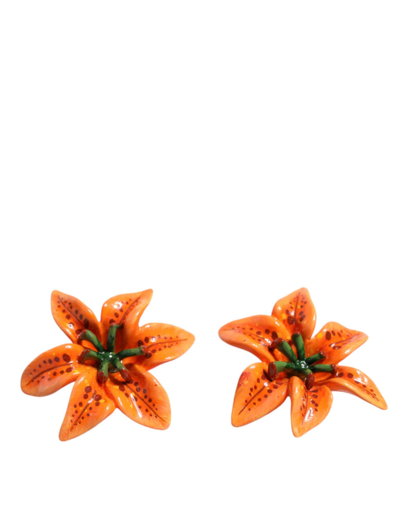 Orange Green Gold Brass Lily Flower Clip Floral Earrings Dolce & Gabbana